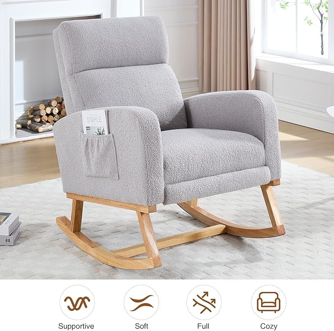 Rocking Chair Nursery with Foot Rest, Teddy Nursing Rocking Chairs for Mom Nursery, Rocker Glider Chair with Footrest for Living Room, Bedroom, Light Gray
