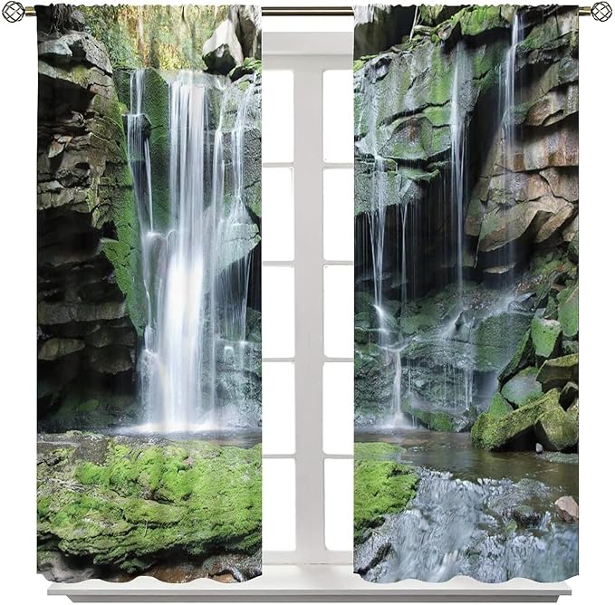 Forest Waterfall Blackout Windows Curtains, Rocky Waterfall to Pond Running Off Scenic Nature Themed Picture Print Curtains, for Living Room Bedroom 63x72in 2 Panels