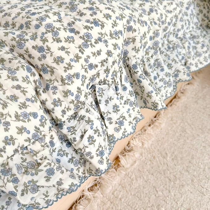 BuLuTu Vintage Blue Floral Ruffles Duvet Cover King, Princess Bedding Comforter Cover, 100% Cotton Muslin Quilt Covers with Zipper, 90"x104", No Pillow, Soft Lightweight