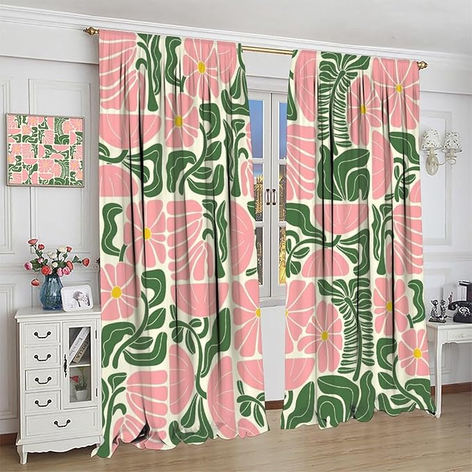 70s Flowers Curtains,Retro Geometric Boho Vintage Botanical Green Pink Flower Curtain for Bedroom Living Room Bathroom Window Curtains,70s Mid Century Flowers Window Treatments 42" W X 45" L