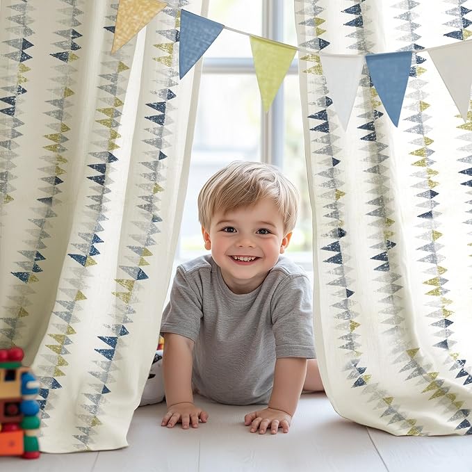 jinchan Linen Nursery Curtains for Living Room Boho Curtains for Bedroom Kids Room 63 Inches Long Geometric Printed Farmhouse Drapes Rod Pocket Window Treatment Curtain Set of 2 Panels Indigo-Gray