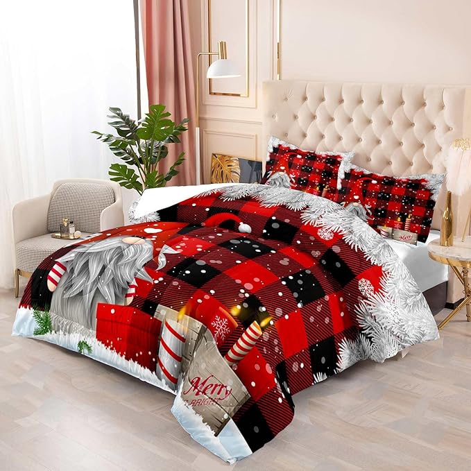 LUVIVIHOME 3PCS Merry Christmas Comforter Set Full Size, Funny Gnome Bedding, Red and Black Plaid Winter Snowflake Christmas Bedroom Decor for Kids Boys Girls Teens Toddler, Xmas Gifts, 2 Pillow Shams