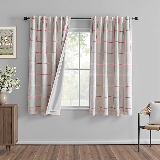 MYSKY HOME 100% Blackout Plaid Linen Farmhouse Curtains 63 Inches Long for Girls Bedroom Double Layer Thermal Insulated Striped Print Drapes with Rod Pocket Back Tab, 2 Panels, 52 x 63 Inch, Pink