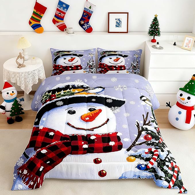 Feelyou Kids Christmas Theme Decorations Bedding Set Xmas Snowman Comforter Set for Boys Girls Merry Christmas Funny Cute Decor Bedroom Collection 3Pcs Queen Size