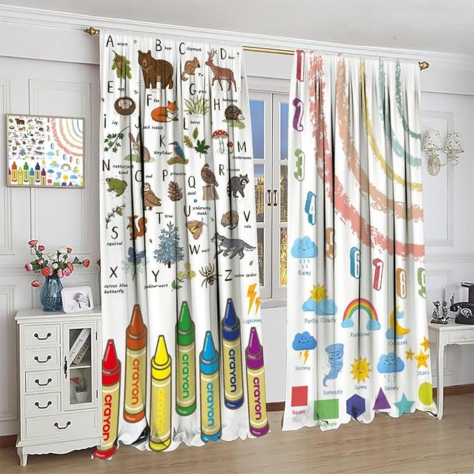 Kids Alphabet Curtain, Funny Cartoon Animal Rainbow Learning, Educational Boys Girls Children Printed Rod Pocket Blackout Window Treatments for Bedroom Living Room Nursery 42" W X 54" L
