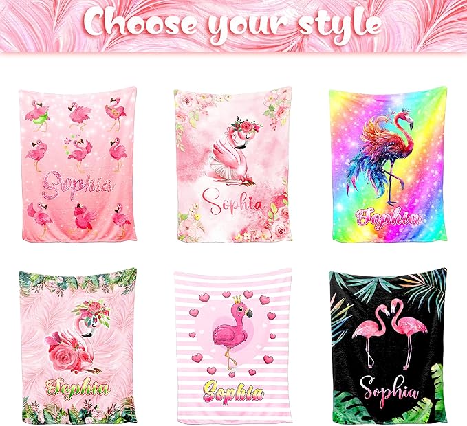 Personalized Baby Blanket for Girls Boys on Christmas Birthday, Ship Next Day, Pink Flamingo Blankets- Printed in USA, Custom Toddlers Blanket with Name for Baby Shower Kids Teens Toddlers Newborn