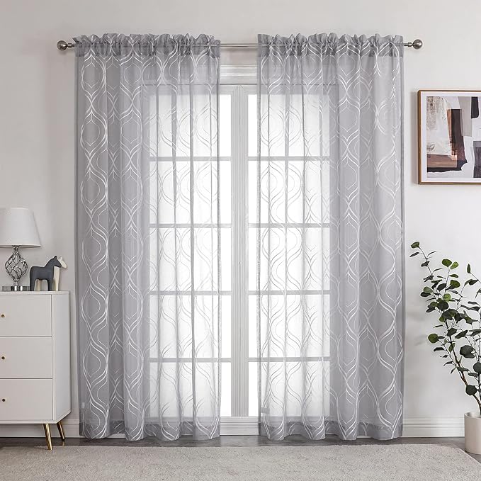 VISIONTEX Sheer Curtains 84 Inches Long 2 Panels Set Light Grey Moroccan Embroidered Curtains Trellis French Textured Rod Pocket Voile Tulle Semi Window Drapes for Bedroom Living Room 54 x 84 Inches