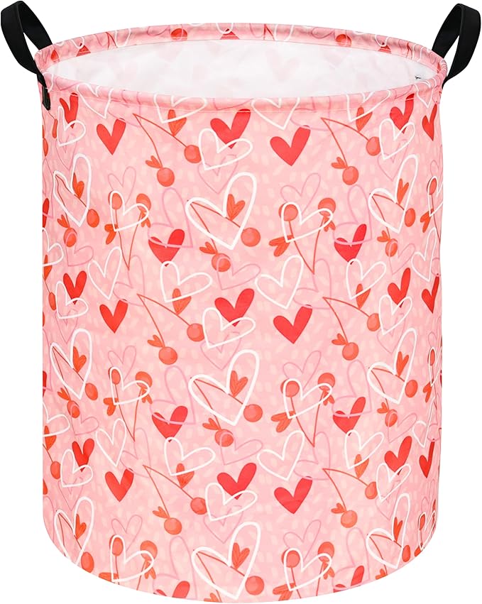 KUNRO Round Valentine's Laundry Gift Basket Storage Hamper, Kids Toys and Clothes Storage Organizer Bins, Toy Shelf Basket with Handles for Room Decor