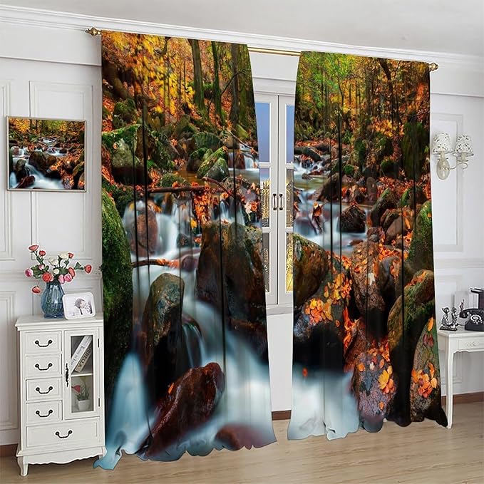 Autumn Waterfall Blackout Windows Curtains, Nature Autumn Forest Farmhouse Window Drapes, for Living Room Bedroom 42" W X 45" L