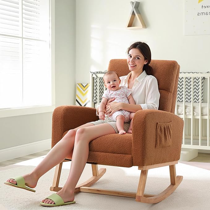 Rocking Chair Nursery with Foot Rest, Nursing Rocking Chairs for Mom Nursery, Teddy Rocker Glider with High Backrest for Living Room, Bedroom, Brown