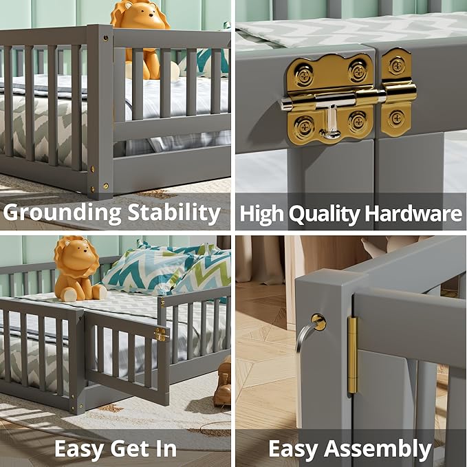 i-POOK Twin Floor Bed for Children, Sturdy Wood Montessori Bed Frame with Wood Slats, Fence & Door, Montessori Floor Bed for Girls and Boys, Gray