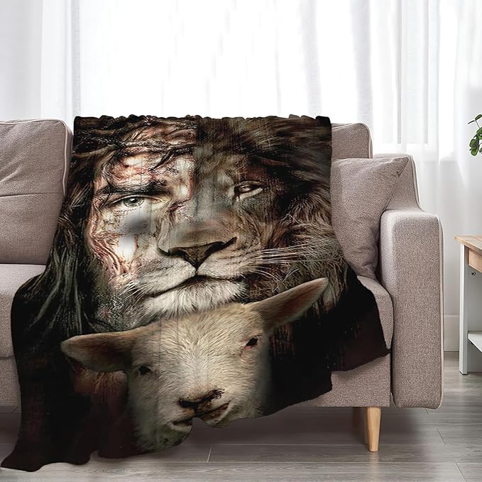 Tijuboni Lion Lamb Throw Blanket Christian Religious Gifts for Women Men Girls Boys Kids Adults Soft Flannel Fleece Blanket for Couch Sofa Bed Home Decor 50"x60"