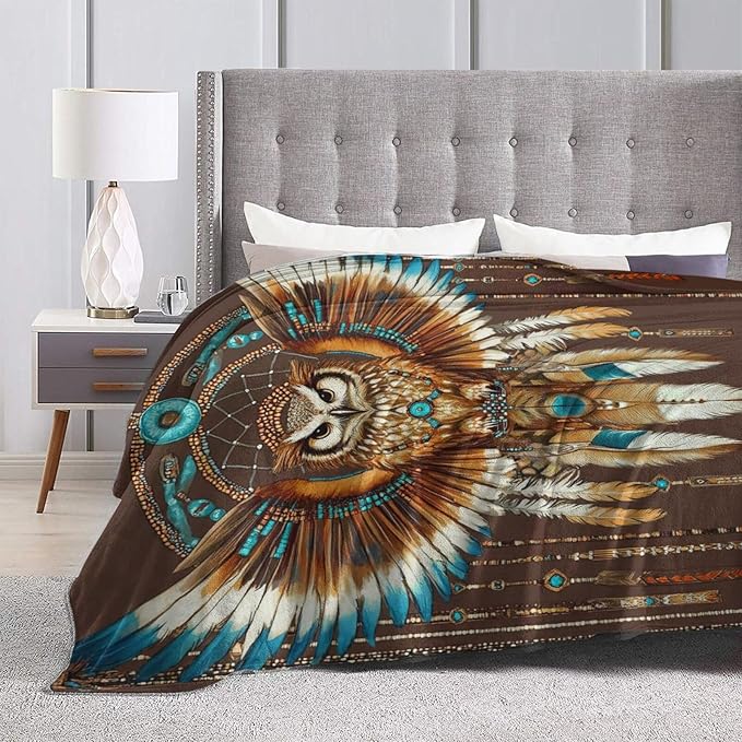 Owl Blanket Native American Decor Throw Blanket Super Soft Flannel Lightweight Fluffy Plush Fuzzy Fleece Indian Blanket Gifts for Girl Woman Adults Man Boys Kids Baby for Bed Sofa 60"X80"