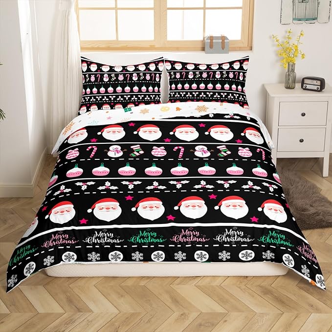 Feelyou Merry Christmas Decorative Comforter Cover Twin Size Xmas Cartoon Santa Claus Snowmen Duvet Cover Winter New Year Bedding Set Gifts for Kids Boys Girls 1 Pillow Case