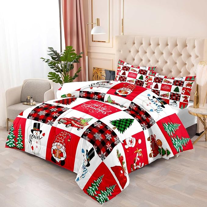 LUVIVIHOME 3PCS Merry Christmas Comforter Set King Size, Cartoon Cute Funny Santa Claus Snowman Gnome Truck White Red Black Plaid Bedding, Snowflake Xmas Tree Christmas Bedroom Decor, 2 Pillow Shams