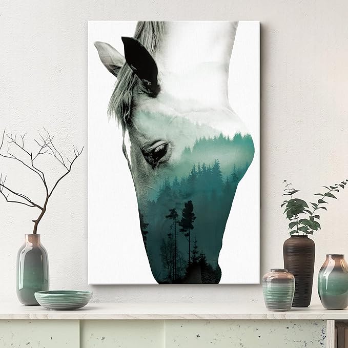 SIGNWIN Canvas Wall Art A Wild Horse and Foggy Mountain Double Exposure Photography Animals Wildlife Digital Art Modern Art Rustic Portrait Edgy for Living Room, Bedroom, Office - 32x48 inches
