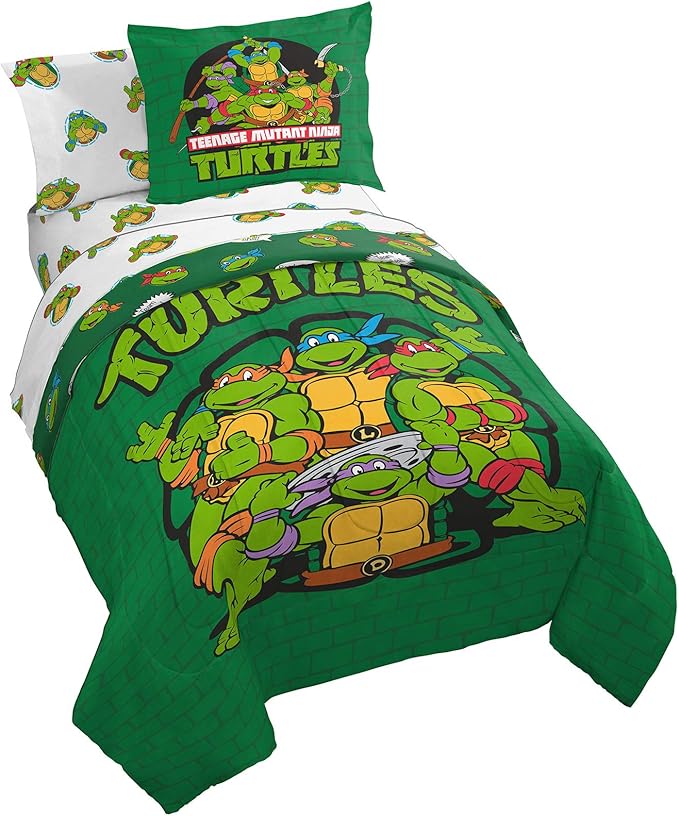 Jay Franco Nickelodeon Teenage Mutant Ninja Turtles Green Bricks 5 Piece Twin Bed Set - Includes Reversible Comforter & Sheet Set Bedding - Super Soft Fade Resistant Microfiber