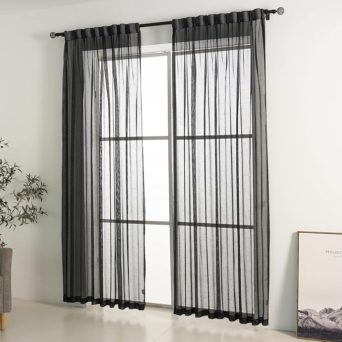 Black Linen Look Pinch Pleated Sheer Curtains 102 Inches Long 2 Panels, 50 Inches Width, Rustic Textured Light Filtering Drapes, Dark Moody Floor to Ceiling Window Curtain with Hooks