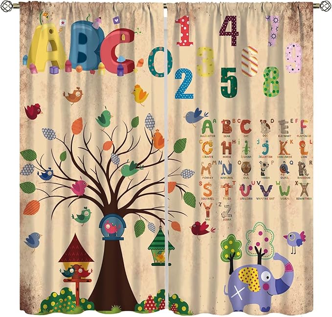 Animal Alphabet Numbers Tree Curtain Learning ABC Letters Birds Numbers Home Printed Rod Pocket Window Treatments for Bedroom Living Room Playroom Nursery 72" W X 63" L