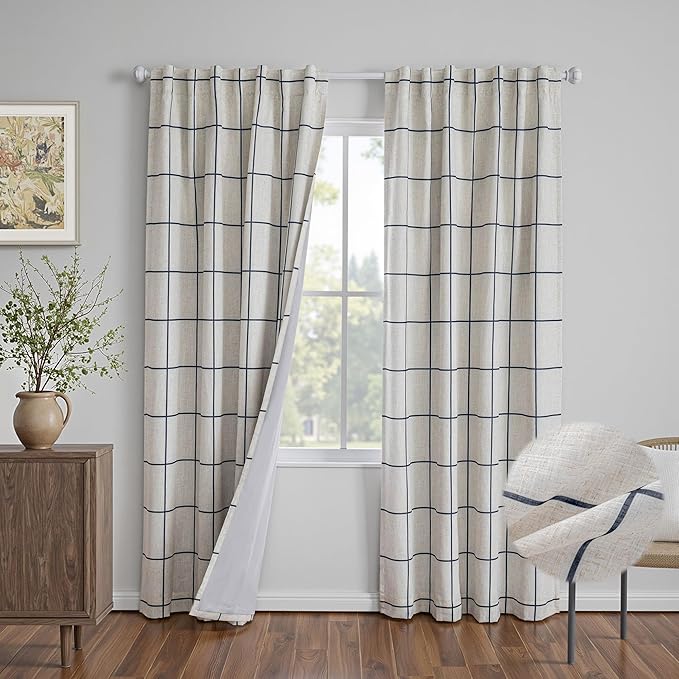 MYSKY HOME 100% Blackout Navy Blue Plaid Linen Curtains 90 Inches Long Double Layer Farmhouse Thermal Insulated Checkered Patterned Drapes Rod Pocket Back Tab for Living Room Dining Room, 2 Pcs, W52