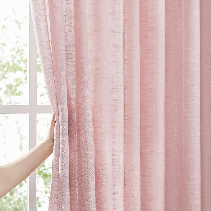 FMFUNCTEX Linen Semi Sheer Curtains for Bedroom, Blush Pink Curtains 63 Inch Length for Living Room, Country Farmhouse Sheer Drapes, Light Filtering Window Curtain, Grommet Top 2 Panels