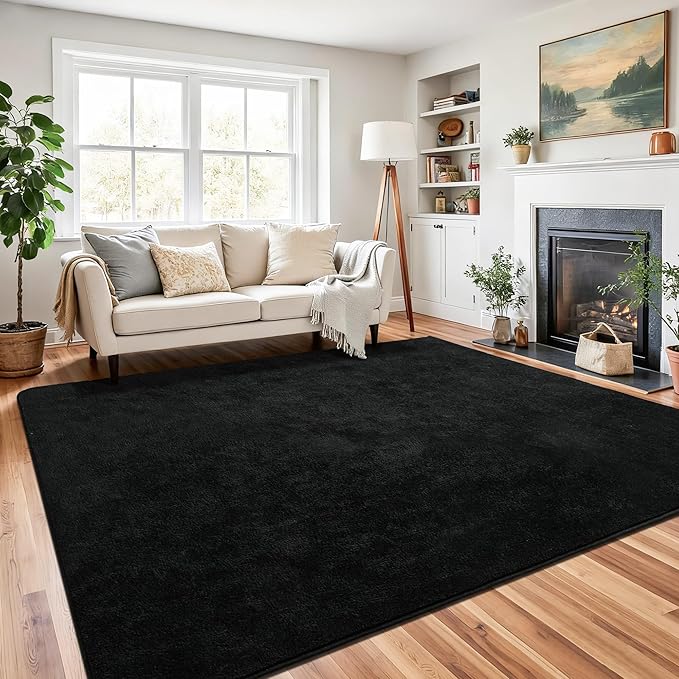Chicrug 7x10 Minimalist Washable Area Rugs for Bedroom Living Room Classroom, Modern Soft Memory Foam Rug for Kids Nursery, Low Plie Indoor Carpet for Dorm Dining Office Bedside Room Decor, Black