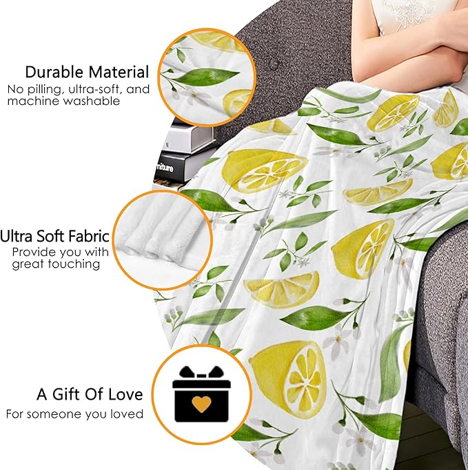Thuswarm Watercolor Lemon Fruit Print Flannel Throw Blanket Warm Cozy Soft Funny Print Blankets for Bed Couch Sofa Room Decoration Gifts 80”×60” Large for Adult