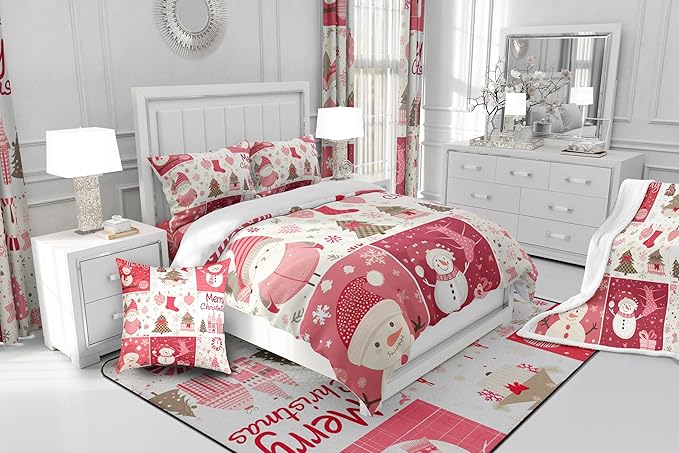 Christmas Tree Comforter Set Twin Size,Merry Christmas Bedding Set for Kids Boys Girls Room Decor,Snowman Christmas Tree Snowflake Quilt Set 2Pcs,Cartoon Plaid Patchwork Duvet Insert,1 Pillowcase