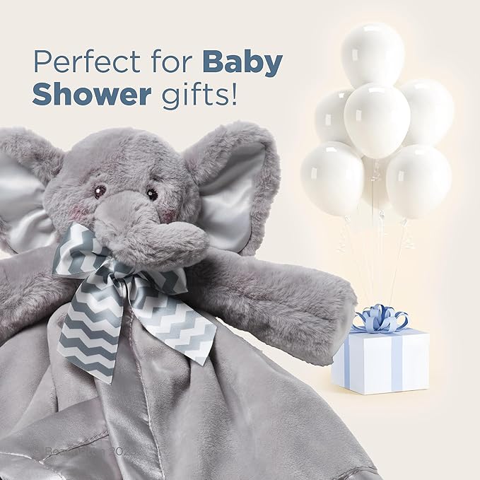 Bearington Baby Lil' Spout Snuggler - 15" Elephant Lovey Security Blanket with Satin Trim and Chevron Bow - Soft Plush Lovie for Babies and Baby Security Blanket Gift for Girls and Boys