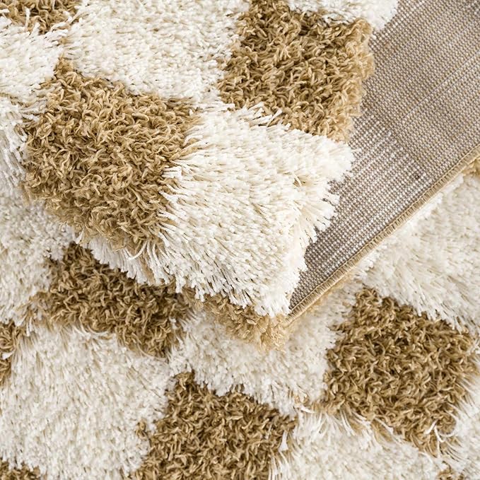 BoutiqueRugs Atira Modern Checkered Shag Rug - High Pile Fluffy Shaggy Carpet for Hallway, Nursery, Playroom, Girls Boys Room - Yellow, Cream, White, Mustard - 2'7" x 7'3" (2x8)