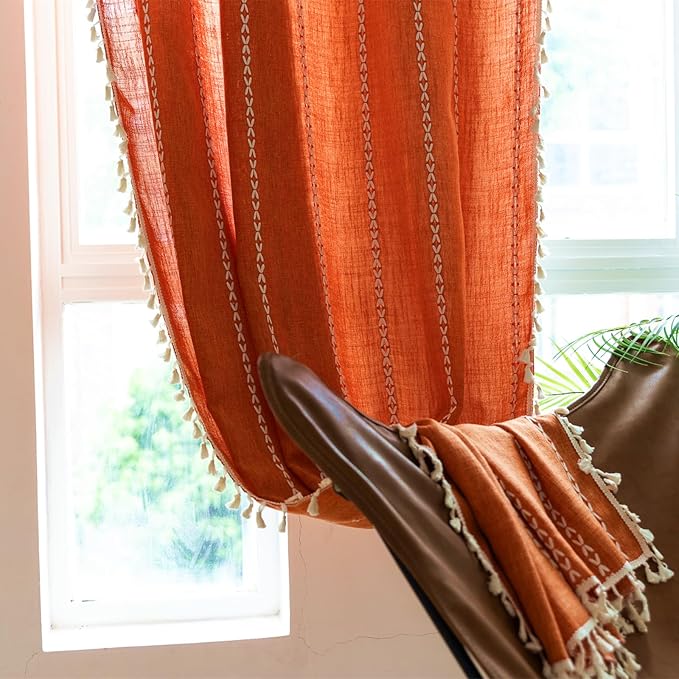 Deeprove Orange Boho Curtains 96 inches Long with Tassel for Bedroom Living Room, Bohemian Embroidery Farmhouse Cotton Linen French Country Window Treatments Fall Halloween Decor, W52 x L96, 1 Panel