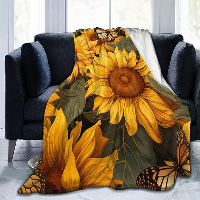 Sunflower Butterfly Blanket Gifts for Girls Women Floral Flannel Throw Blankets for Home Couch Bed Sofa Soft Fuzzy Lightweight Decor All Season 80x60 Inches