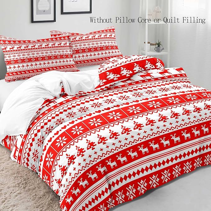LUVIVIHOME 3PCS King Christmas Duvet Cover Set, White Red, Reindeer Snowflake Poinsettia Christmas Tree Holiday New Year Xmas Striped Comforter Quilt Cover 2 Pillow Shams