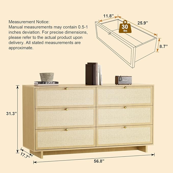6 Drawer Dresser for Bedroom, 57in Wide Rattan Dresser, Boho Chest of Drawers, Wooden Chest with Clothes Storage Cabinet, Drawer Organizer for Bedroom, Living Room, Hallway, Natural Oak