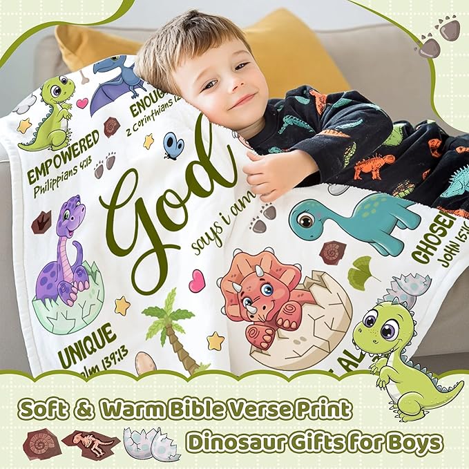 Bible Verse Blanket, Christian Gifts, God Says I am Print Dinosaur Blankets for Boys, Meaningful Thoughtful Religious Baptism Gift for Son,Dinosaur Lovers Room Bed Decoration, 30"x40"