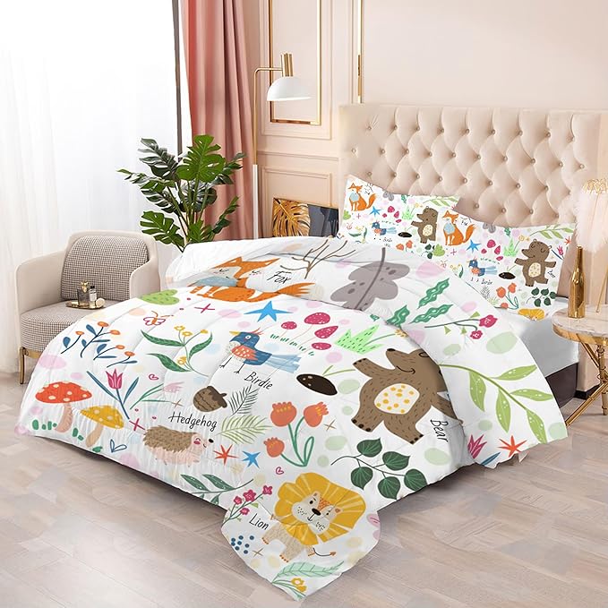 Animal Comforter Set Twin: Forest Animals Kids Bedding Set Cute Safari Woodland Quilt Jungle Cartoon Fox Bear Lion Flowers Bed Sets for Girls Boys Children Teens Toddler