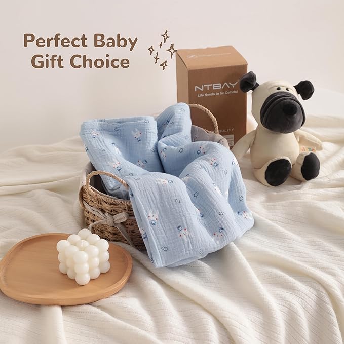 NTBAY 4 Layer Muslin Cotton Toddler Blanket, 42x60 Soft and Breathable Receiving for Newborns and Infants, Perfect for Crib, Stroller, Travel, Lightweight Nursery Blanket, Cloudy Bunny