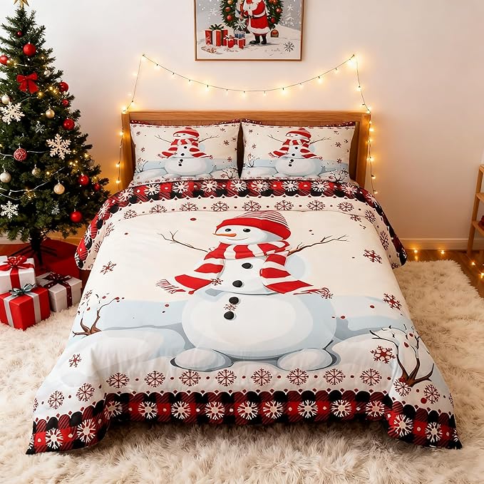 Kids Snowman Christmas Comforter Set Queen Size,Snowflake Romantic Bedding,Girls Boys Adults Bedroom/Xmas Cabin Decor,Geometric Grid Lattice Down Comforter,Rustic Farmhouse Duvet Insert,2 Pillowcases