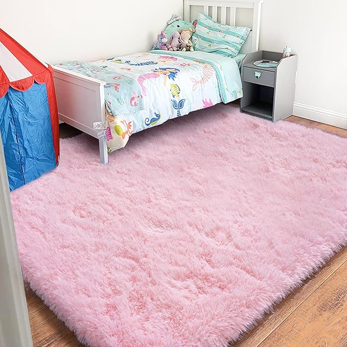 Pink Rug for Girls Bedroom, 4x6 Area Rug for Cute Girls Room, Bedside Indoor Floor Fluffy Shag Carpet, Plush Soft Rug for Living Room Nursery Dorm Home Decor