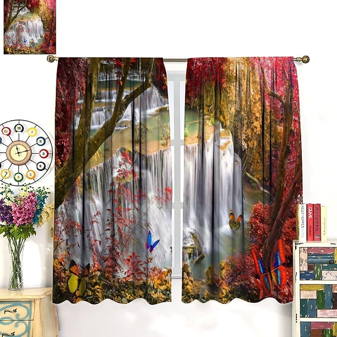 Landscape Blackout Curtains, Nature Forest Waterfall Butterfly Scenery Pattern Rod Pocket Window Drapes, for Bedroom Living Room 42" W X 54" L