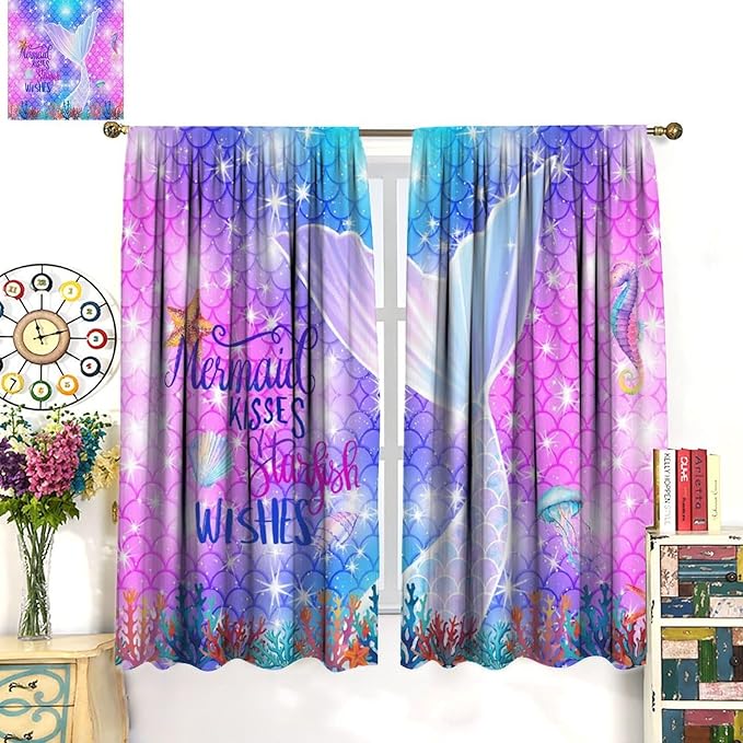 Kids Fantasy Mermaid Curtains Dream Colorful Mermaid Fish Tail Scale Fantasy Ocean Theme Window Treatment for Girls Bedroom Nursery Room Decor Window Drapes 52" W X 84" L