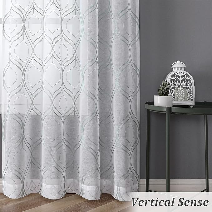 VISIONTEX White Sheer Curtains 95 Inches Long 2 Panels Set Green Moroccan Embroidered Curtains Trellis French Textured Rod Pocket Voile Tulle Semi Window Drapes for Bedroom Living Room 54 x 95 Inches
