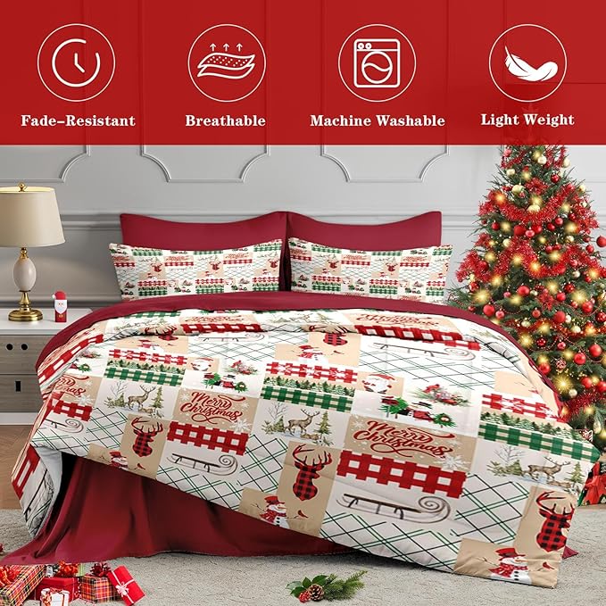 7 Pcs Queen Size Christmas Comforter Set with 2 Pillowcases & 2 Shams, Winter Xmas Plaid Bedding for Kids and Adults, Cute Snowman Reindeer Bed in a Bag with Flat Fitted Sheet