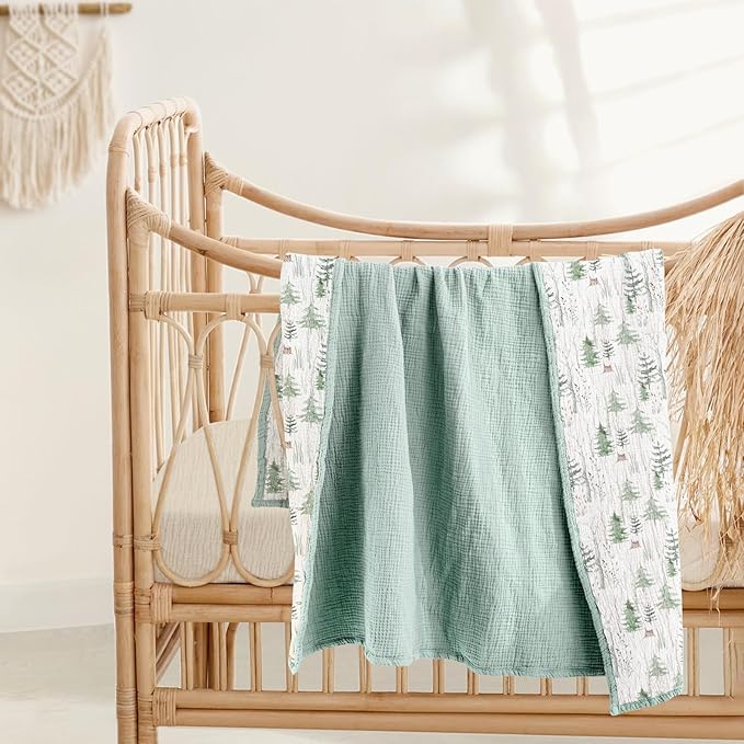lulumoon Muslin Baby Blanket Neutral: Cotton Crib Blanket with Pine Tree - Soft Toddler Bedding for Registry Gift 47x47 Inches (Green Forest Stump)