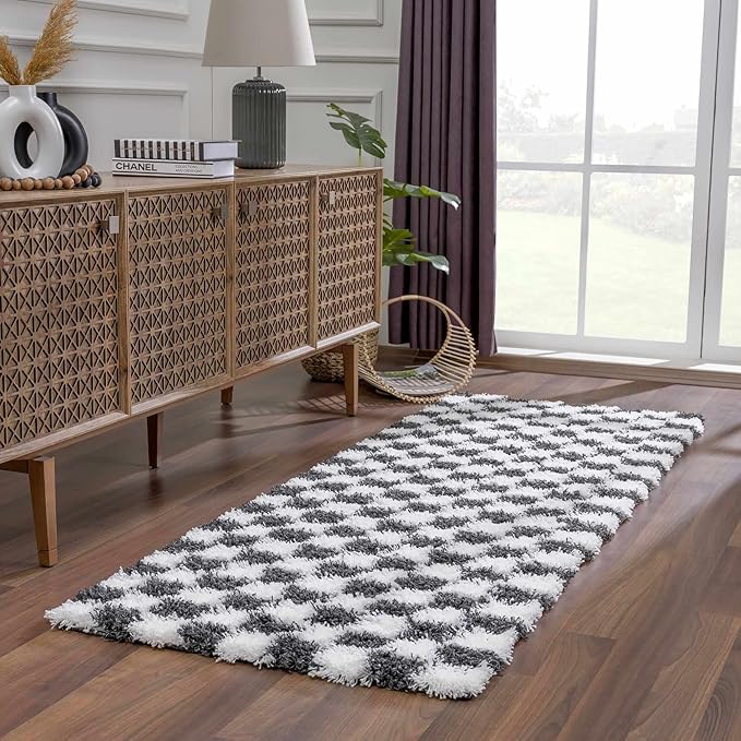 Hauteloom Atira Contemporary Checkered Fluffy Shag Runner Rug - Modern Geometric Carpet Tiles for Hallway, Hitchen - Plush Pile Carpet Squares - White,Black - 2'7" x 10'