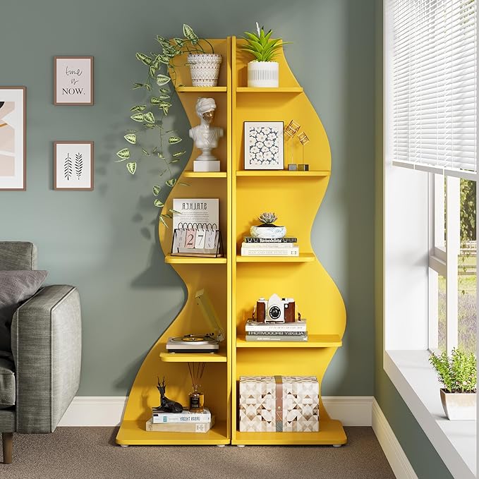 Tribesigns Corner Shelf, Modern 5-Tier Wall Corner Bookshelf, Stylish Corner Small Bookcase Storage Rack Plant Stand with Unique Shape for Living Room, Home Office (Yellow, 2PCS)