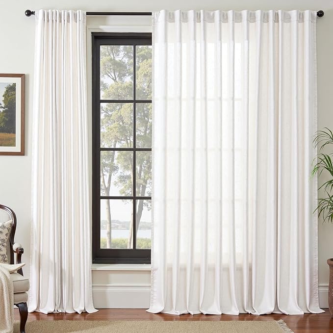 jinchan Linen Blend Curtain 90 inch Length 1 Panel for Sliding Door, Light Filtering 100 inch Extra Wide Living Room Drape with Rod Pocket Back Tab(100W x 90L, Off White)