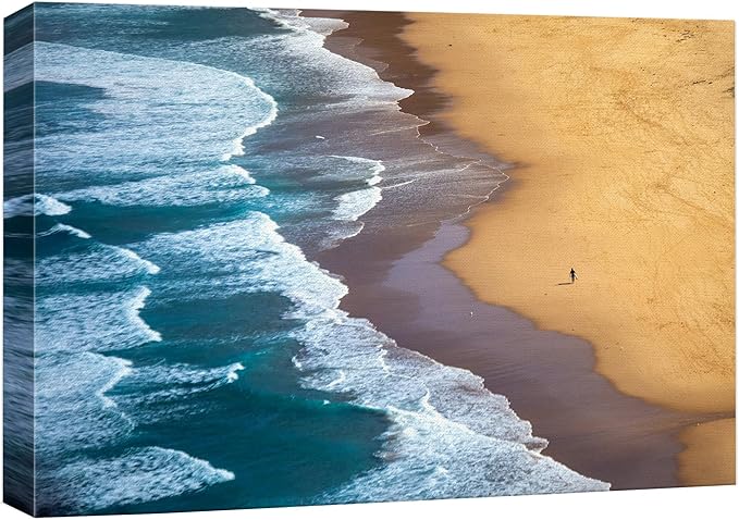 SIGNWIN Canvas Wall Art Serene Ocean Shoreline Aerial Beach View with Rolling Waves and Lone Surfer Photography Modern Art Rustic Landscape Relax/Calm for Living Room, Bedroom - 12"x18"
