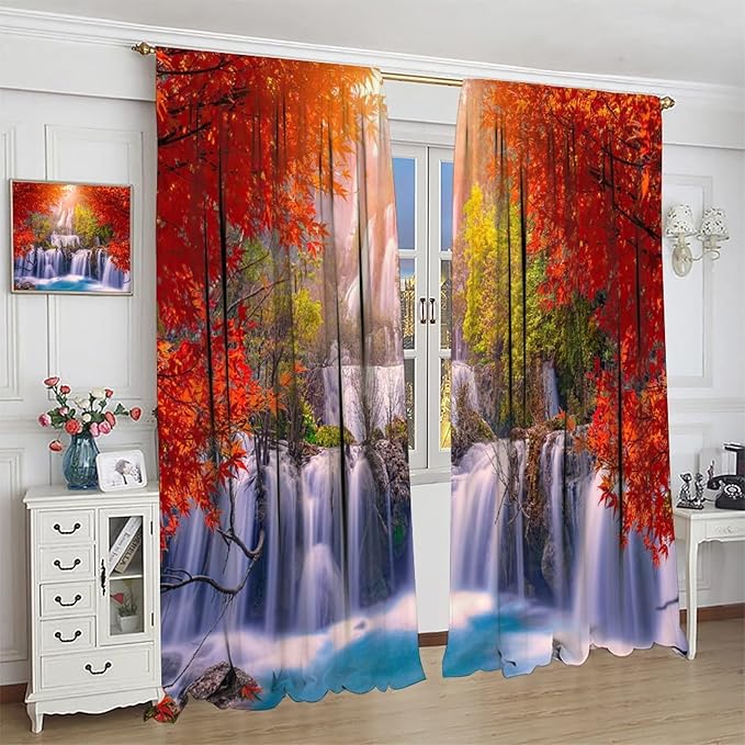 Forest Waterfall Blackout Windows Curtains, Autumn Red Green Maple Leaves Jungle Rainforest Natural Scenery Landscape Curtains, for Living Room Bedroom 63x72in 2 Panels