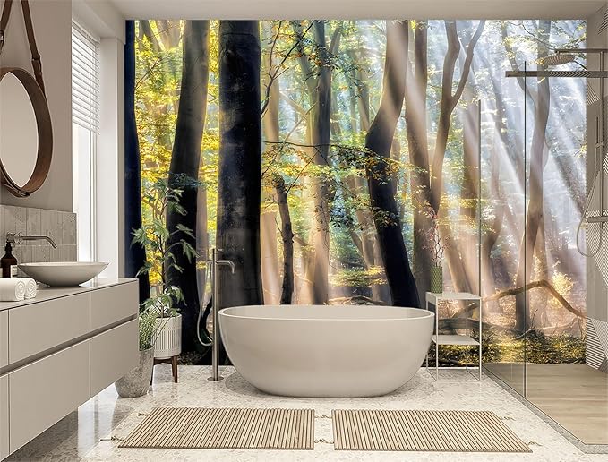 XMPMBM-Sunny Forest Woodland Fabric Wallpaper Misty Tree Living Room Bedroom Bathroom Wall Mural-W 88" X H 59"（36 Square Foot）